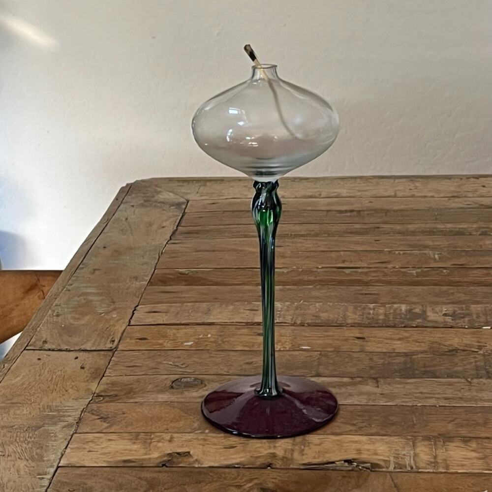 Art Glass Oil Lamp With Wick 10.5" Hand Blown Green Swirl Pedestal Stem